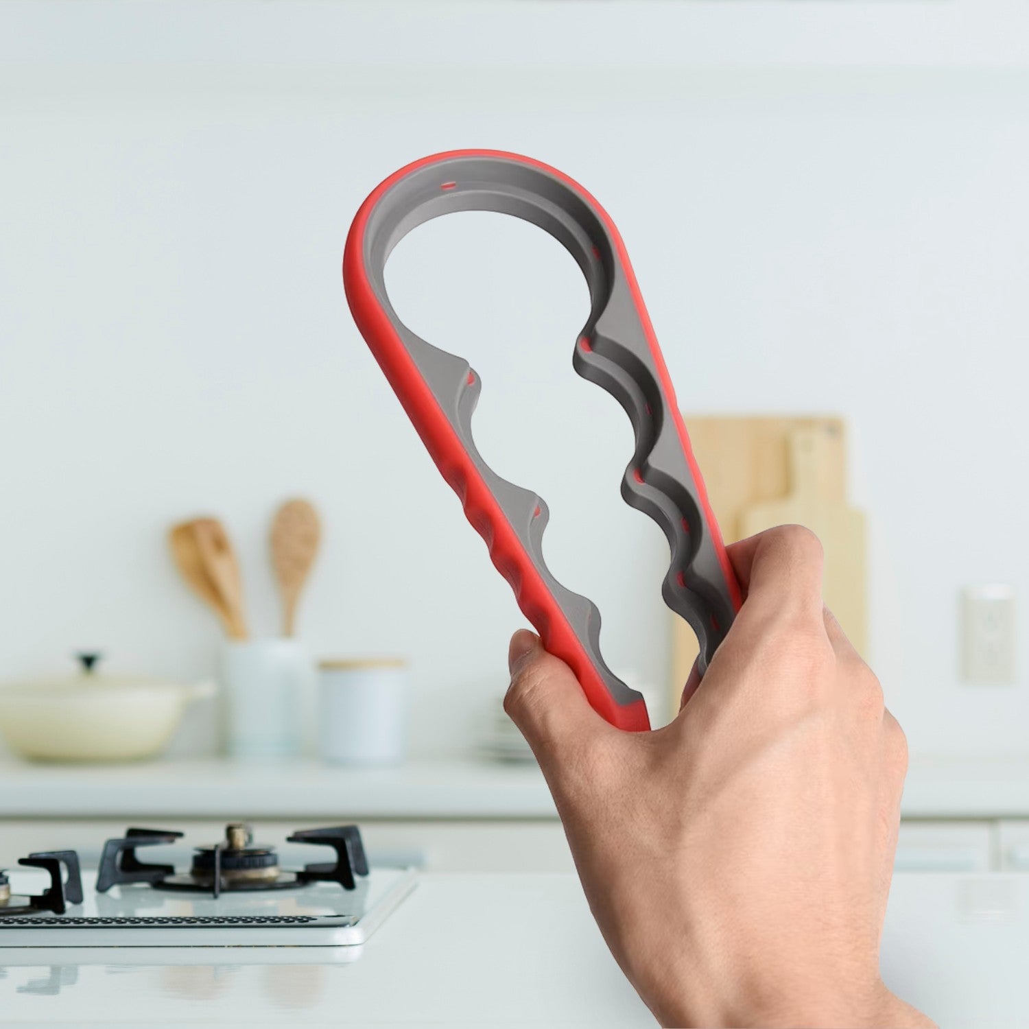 HomeShape 4-in-1 multi-size jar and bottle opener with red ergonomic handle and grey non-slip rubberized grip