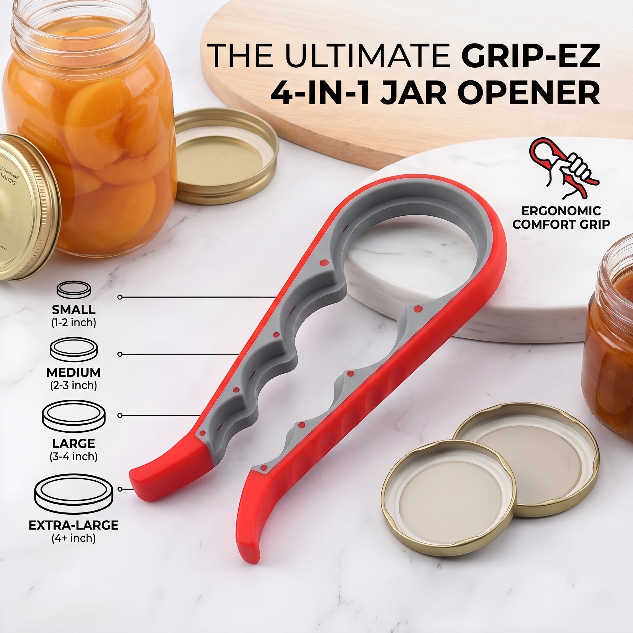 HomeShape 4-in-1 multi-size jar and bottle opener in red with a grey non-slip rubberized grip for easy lid removal.