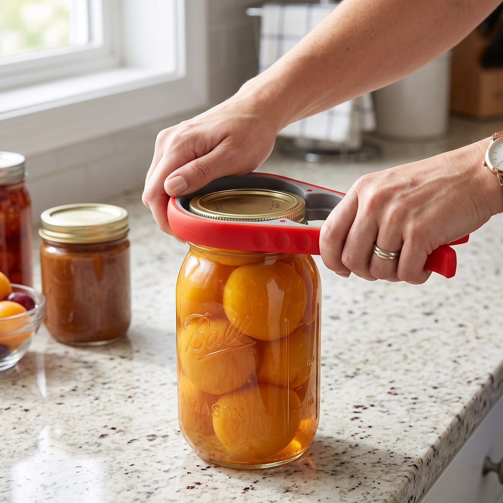 HomeShape 4-in-1 multi-size jar and bottle opener with ergonomic red non-slip handle opening a glass mason jar